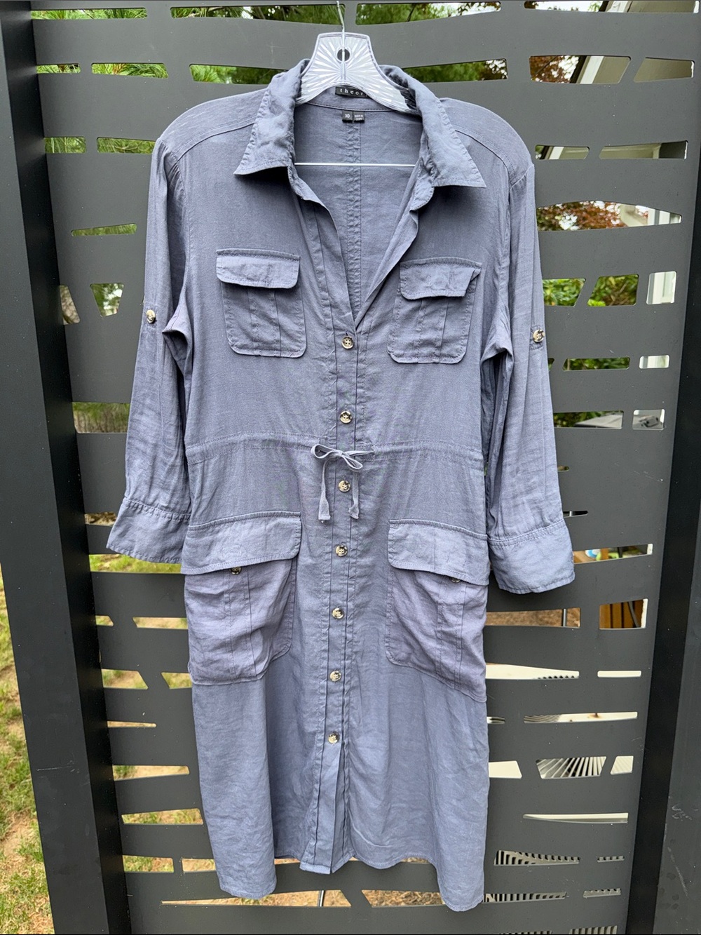 Theory Slate Blue Button-Front Shirtdress Linen Viscose Spandex Sz 10 so comfy!